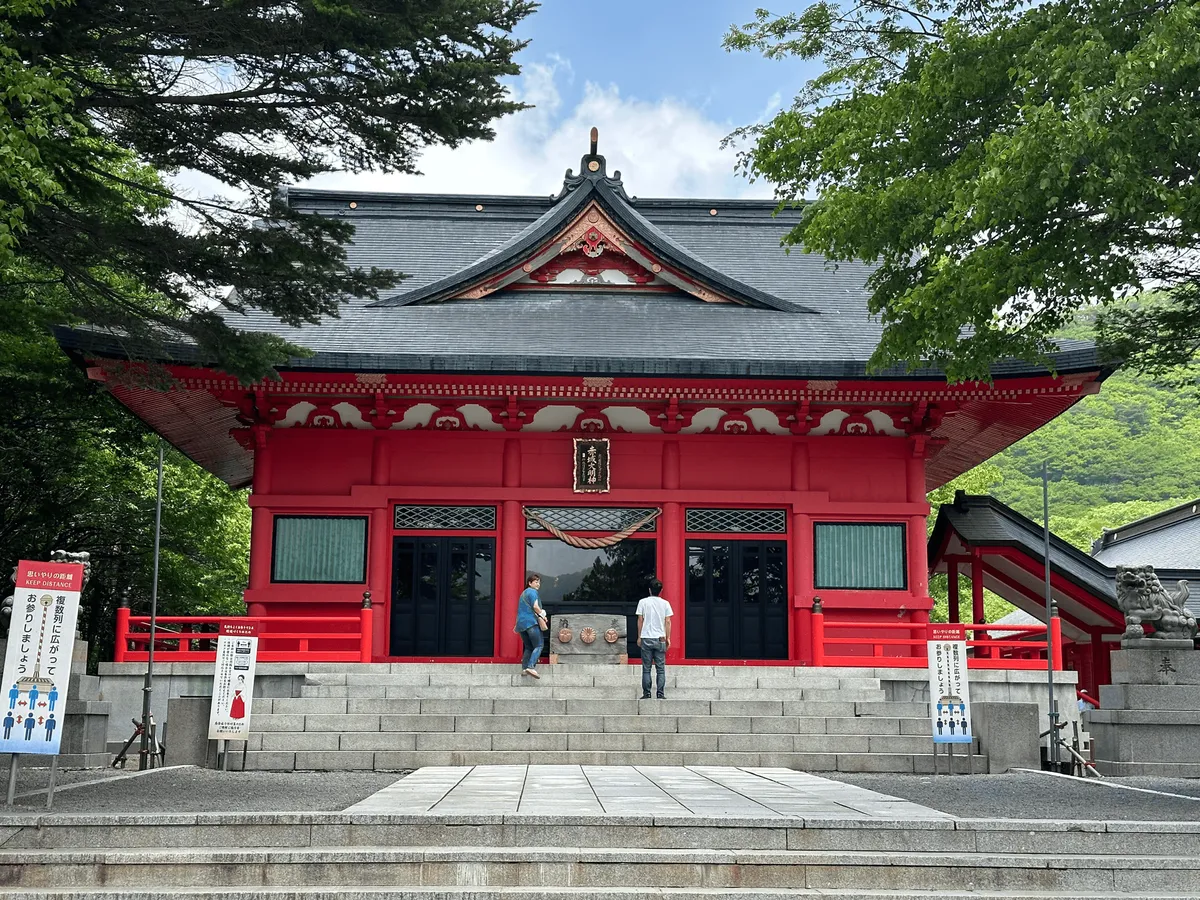 Akagi Shrine, a big vivid red building.