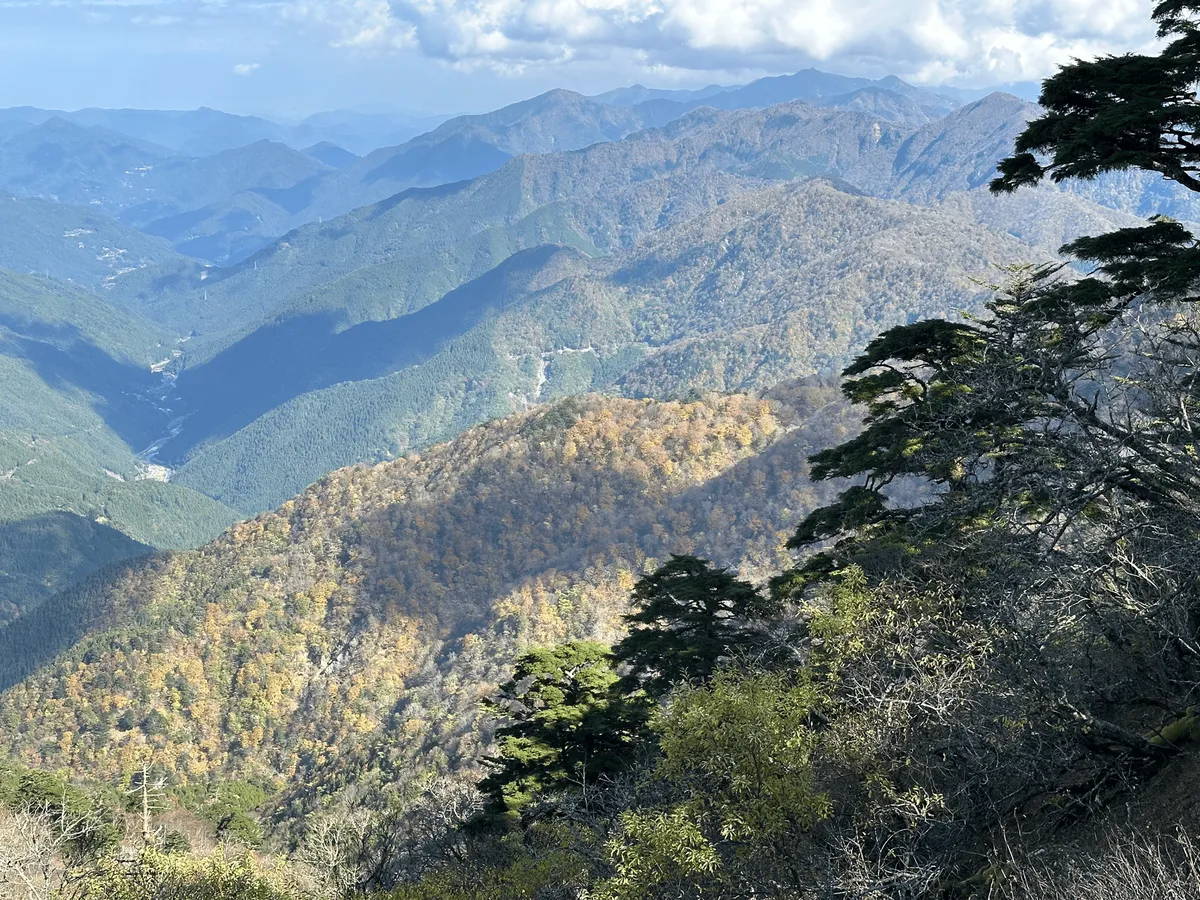 Can see some autumn leaves on the trees in the valley below.