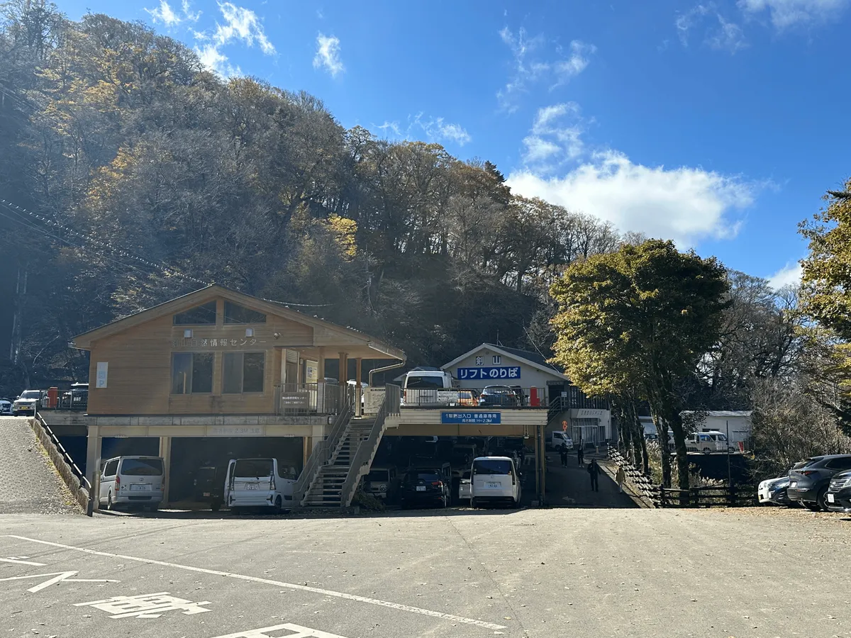 A two-story carpark building with the chairlift building behind it.