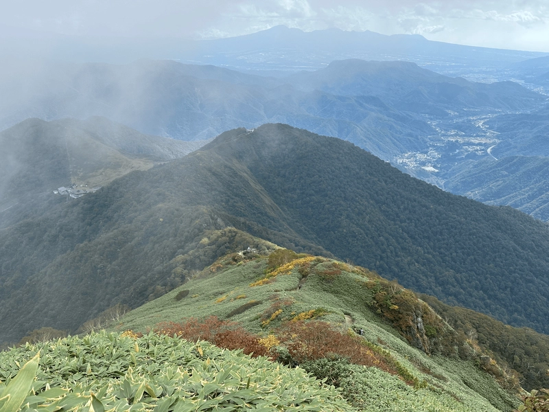 Mostly green ridgeline with hints of red and yellow.