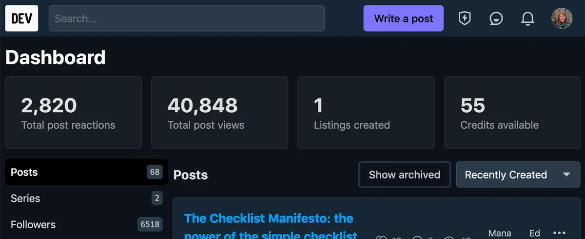 Dashboard showing my DEV.to statistics