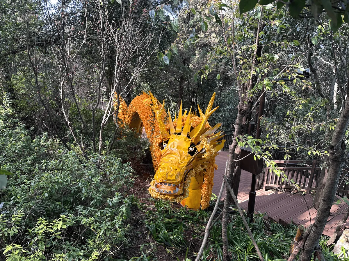 A decorative dragon made out of flowers on the trail