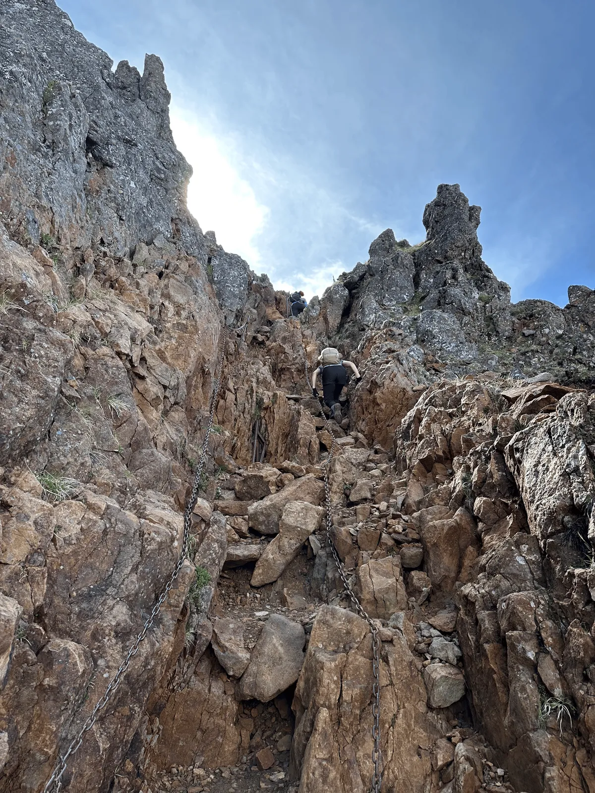 Some steep rock climbs, with chain ropes to help you along.