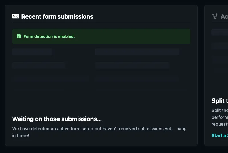 A screenshot of the Netlify UI showing that form detection has been enabled