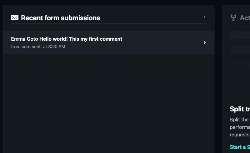 A screenshot of the form submissions section in the Netlify UI, with one submission