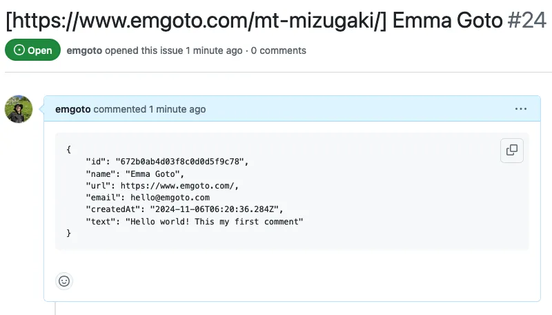 A screenshot of a Github issue, which has a JSON object of a comment.