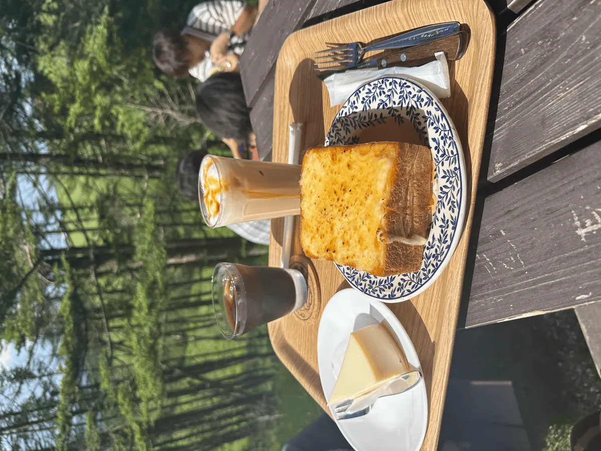 A large thick slice of toast with cheese on top, and a slice of cheesecake on the plate next to it.