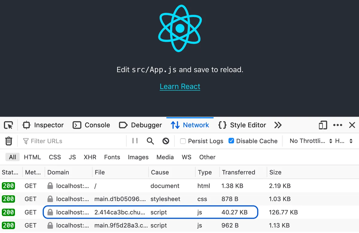 A React app's bundle size in the network tab