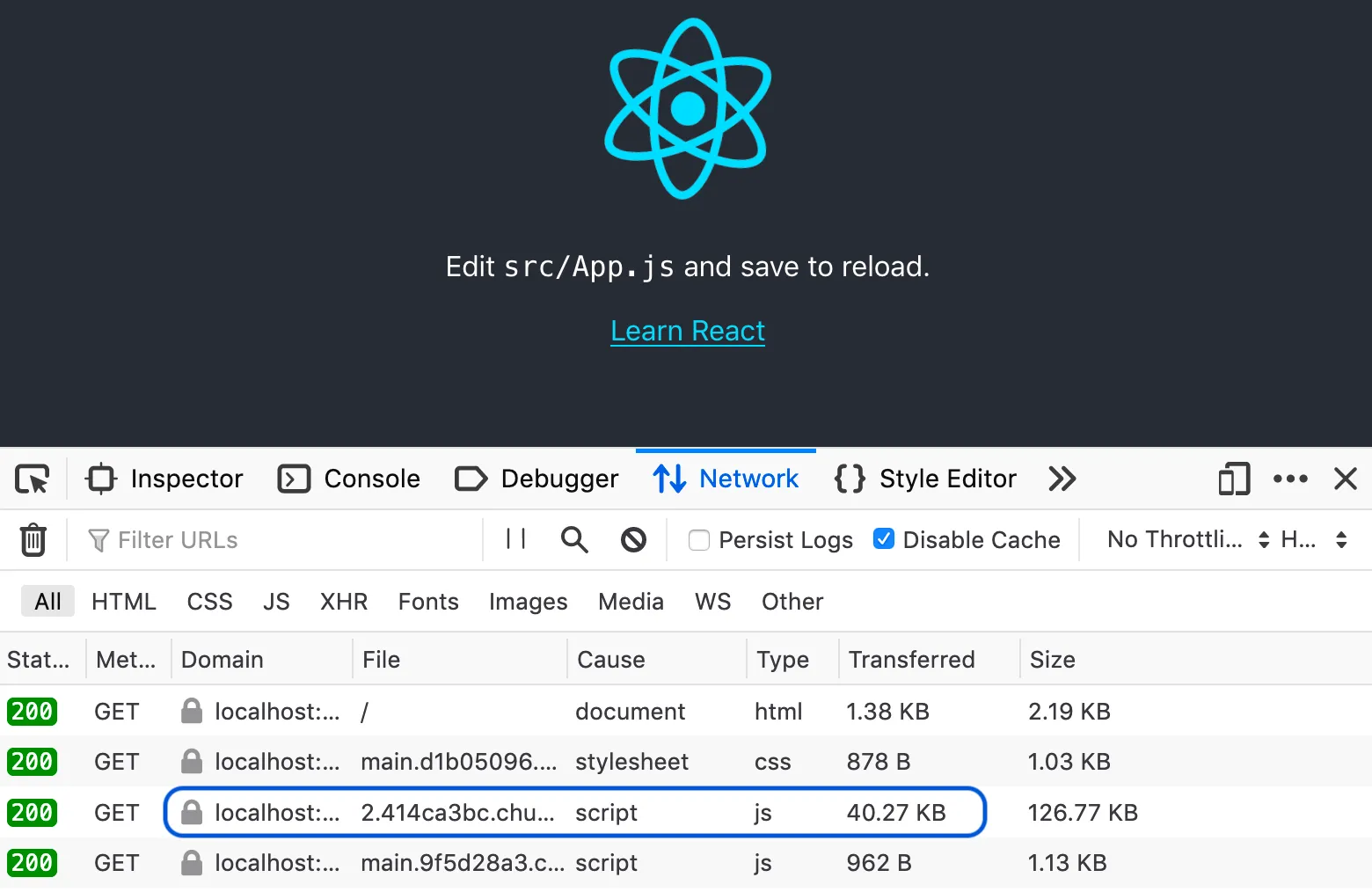 A React app's bundle size in the network tab