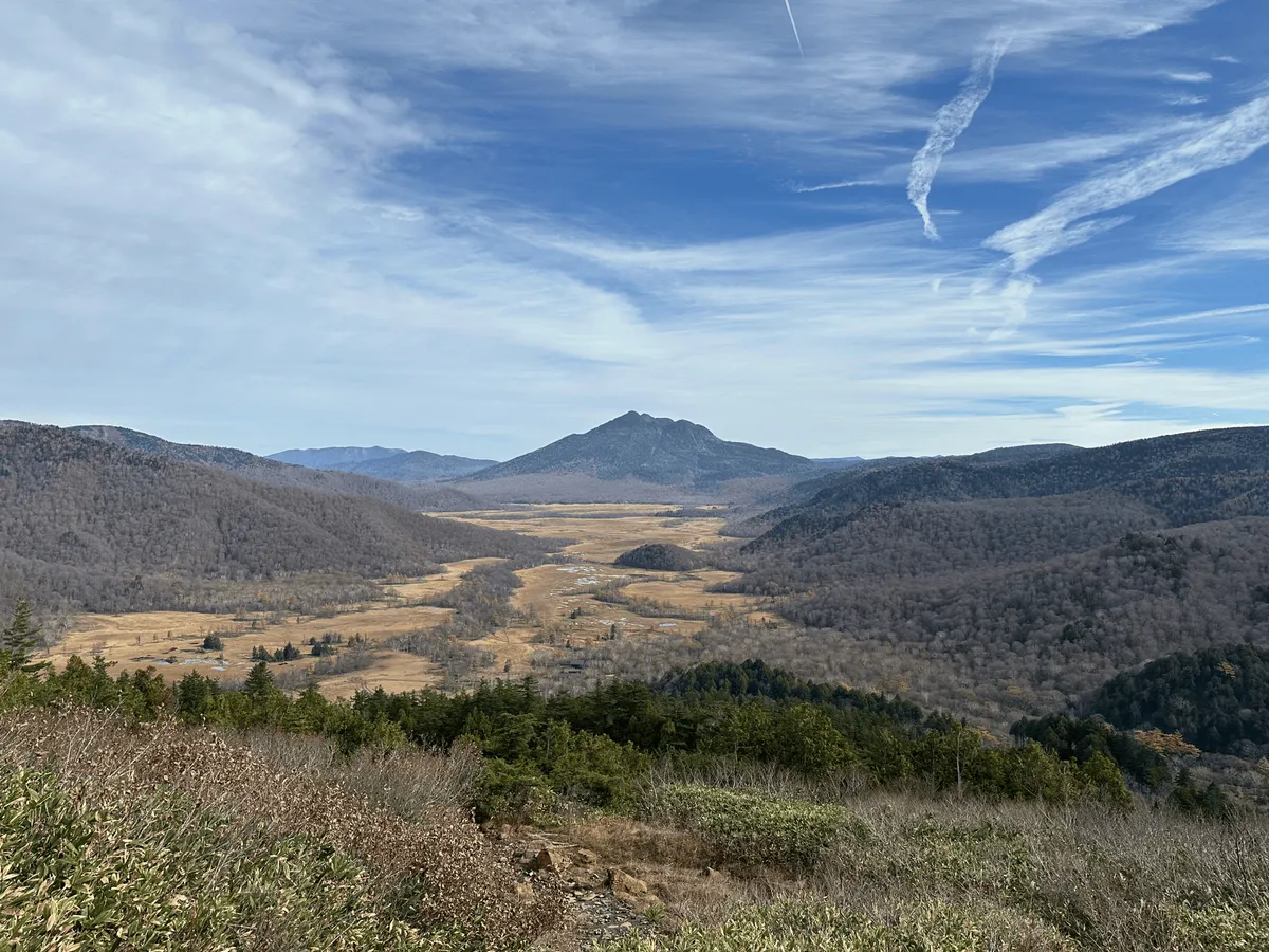 Look out down the trail, and out towards the Oze marsh and Mt Hiuchigatake