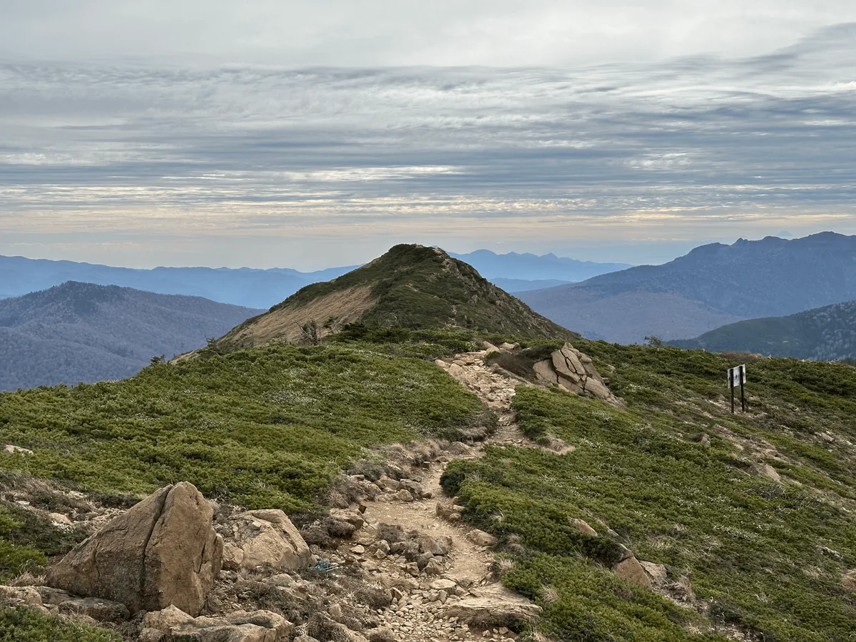 A trail leading up to a small mountain peak