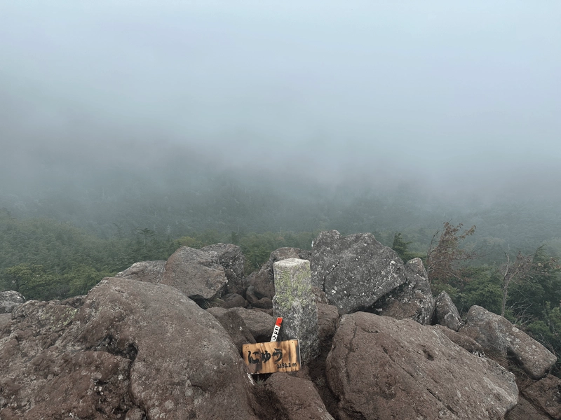 A small peak marker for Mt Nyu, nestled in between some rocks