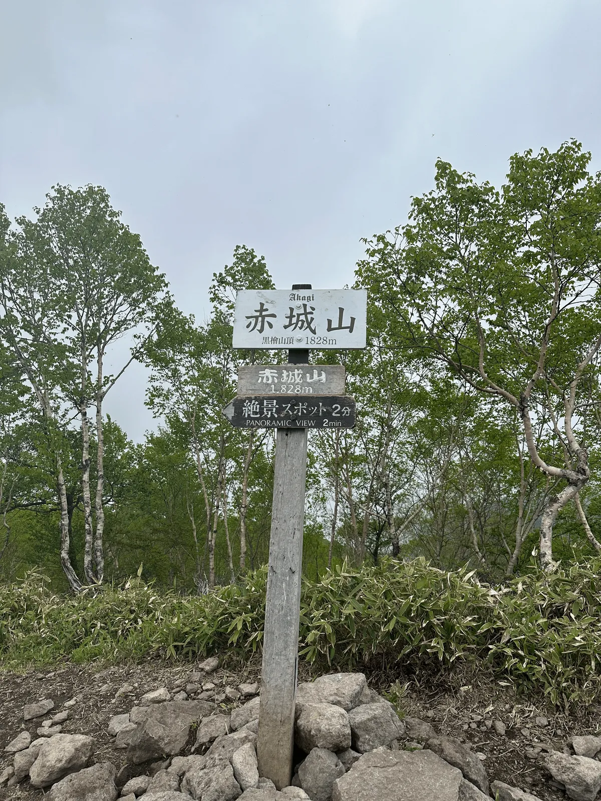 A wooden sign marking the peak of Mt Akagi