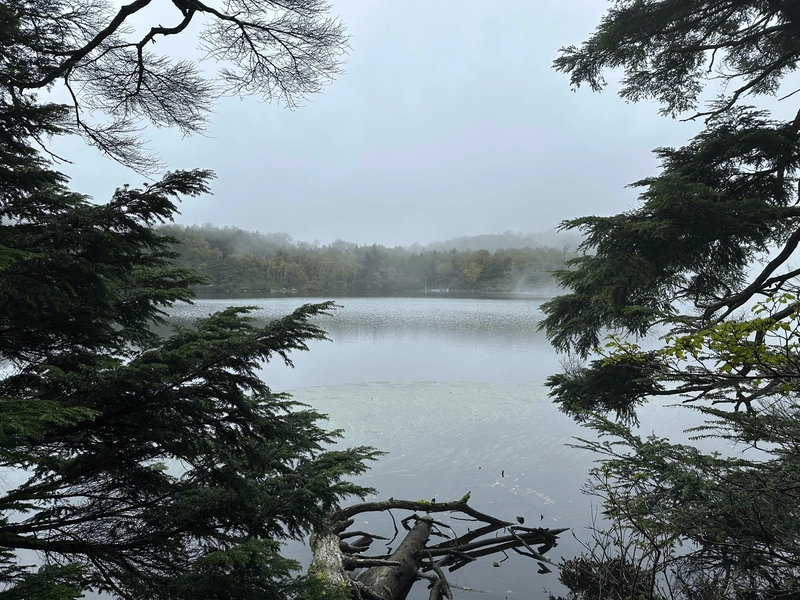 Shirokoma lake, with fog rolling on the surface