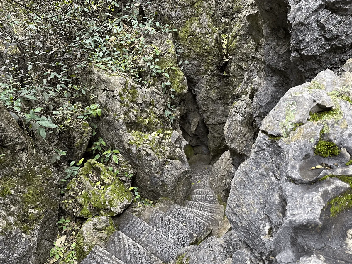 Stone stairs descending between tall limestone rocks