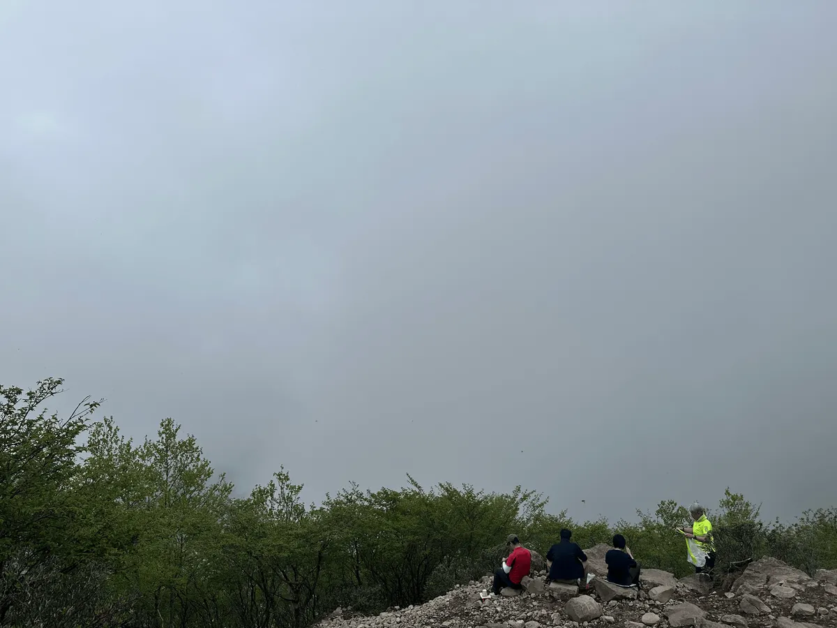 A couple of people sitting down and looking out at absolutely nothing (i.e. fog)