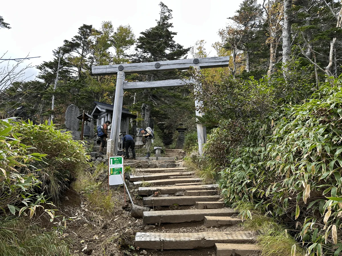 A large grey torii gate over the trail path.