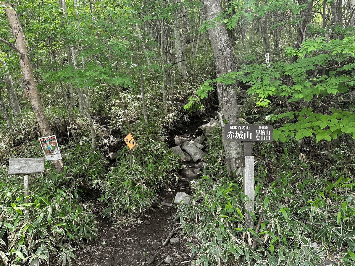 Signpost marking the start of the trail, up a dirt path