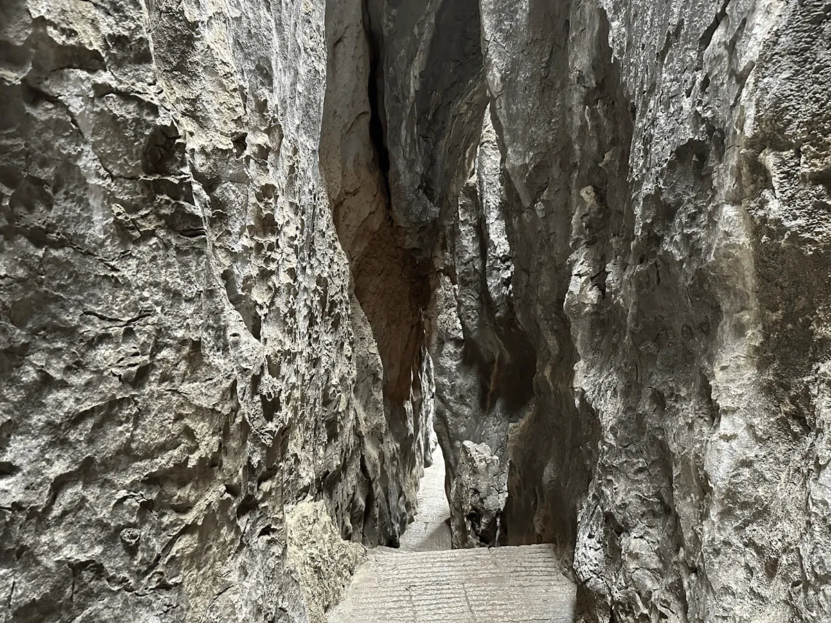 A narrow tunnel passage through limestone rocks