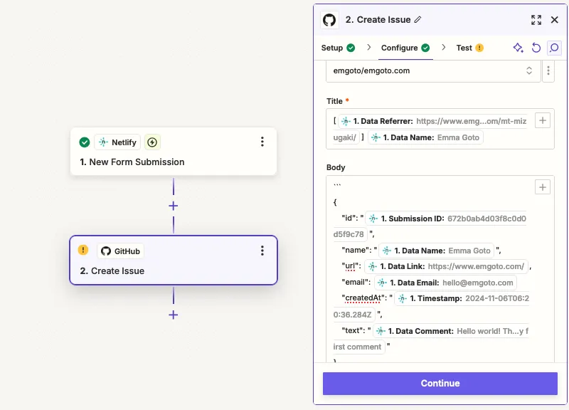 A screenshot of the Zapier UI, with a Zap set up using Netlify Forms and Github